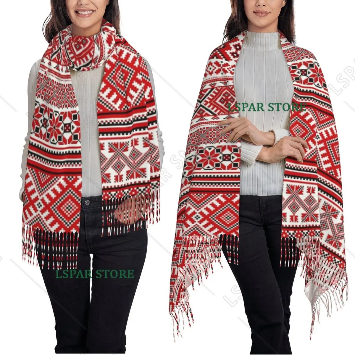 Traditional Romanian Ukraine Boho Bohemian Geometric Scarf Tassel Scarves Women Shawls and Wraps Large Fall Winter Shawl Wrap