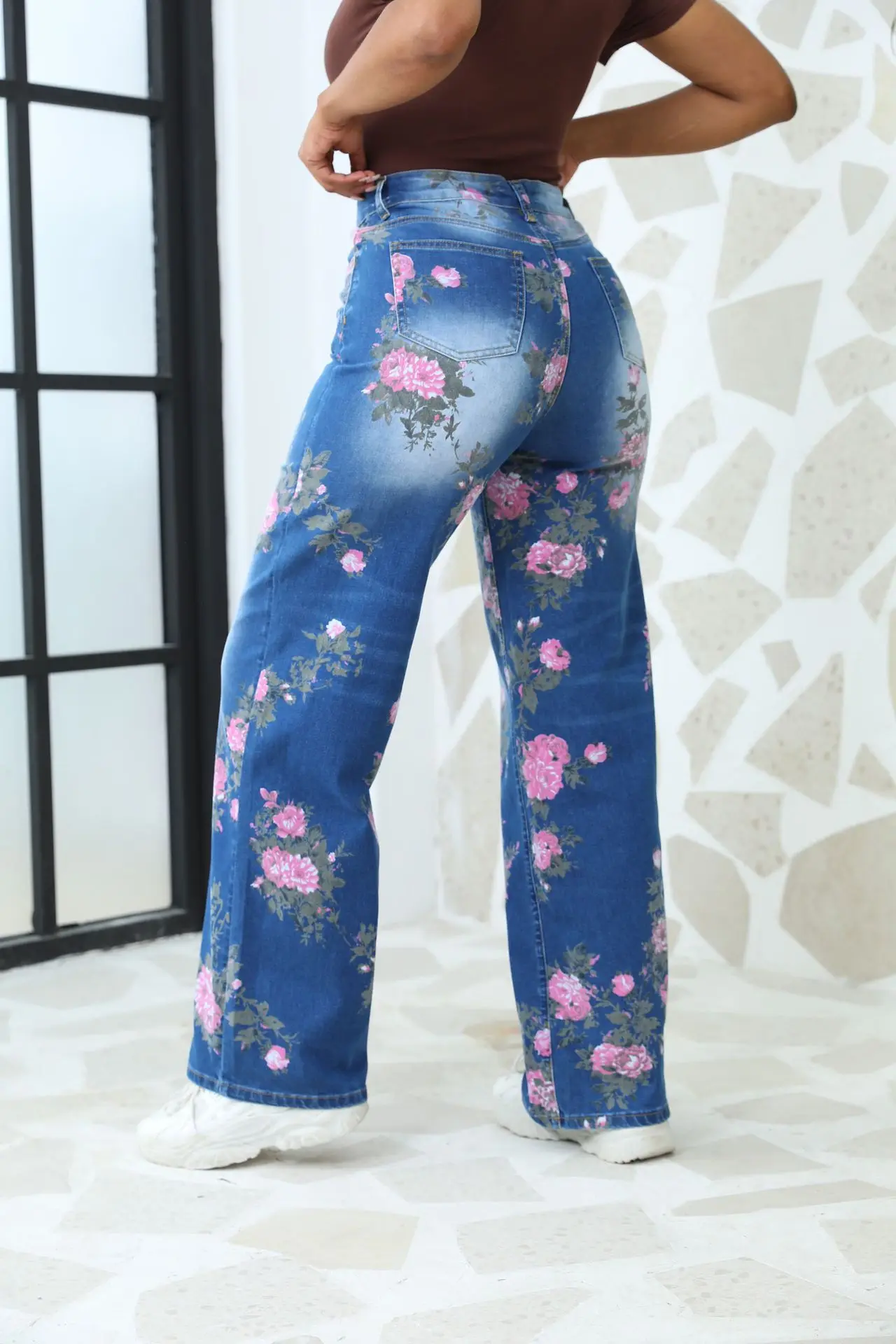 2024 Autumn New Women\'s High Waist Floral Pattern Jeans Fashionable Stretch Loose Denim Wide Leg Pants