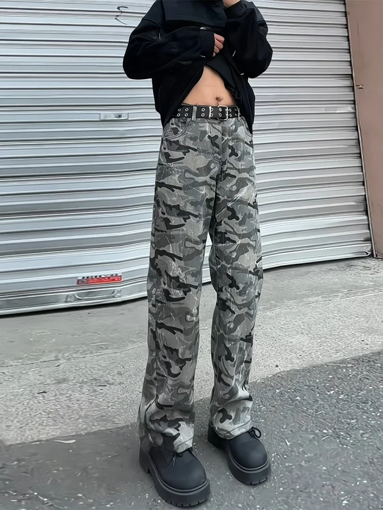 

American Retro Camouflage Pants Men's High Street Extended Workwear Straight Leg Micro Flared Trousers Youthful Energy Style