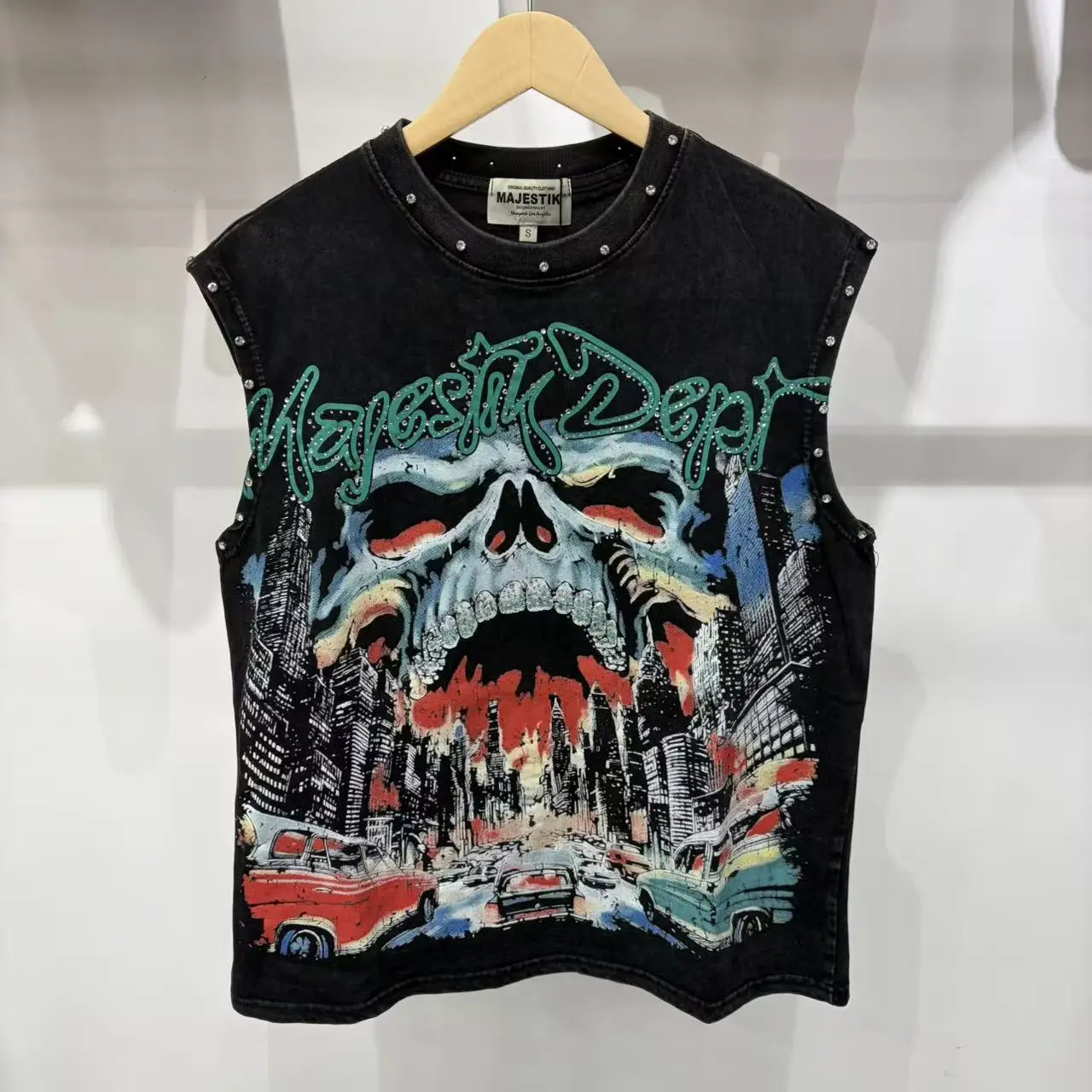 Summer Men's Washed Tank Top Funny Skull Rhinestone Sleeveless