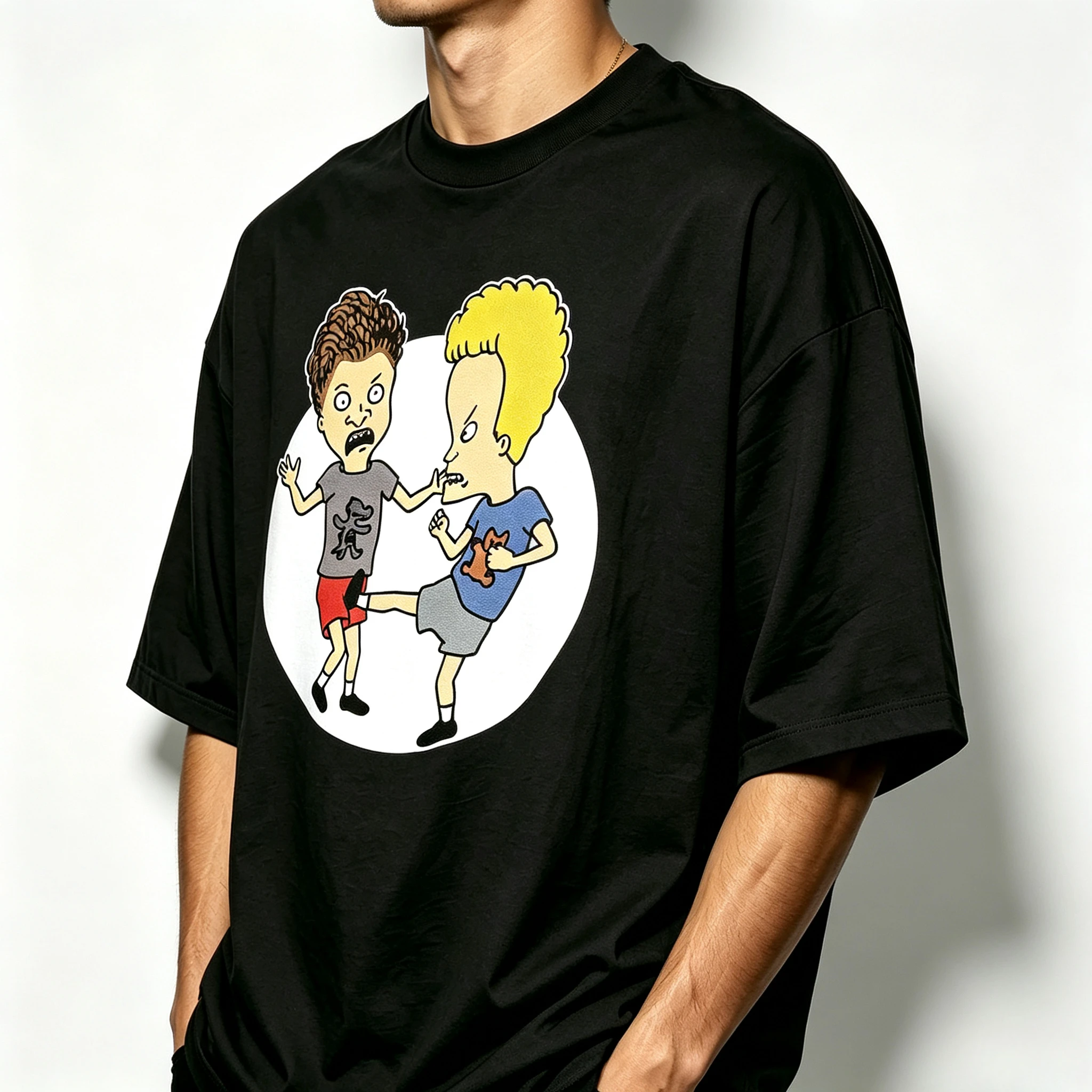 Vintage Beavis And Butt‑Head Cartoon Character Print Short Sleeve O‑Neck Hip‑Hop Street Fashion  Loose Tee Men Modal T‑Shirt