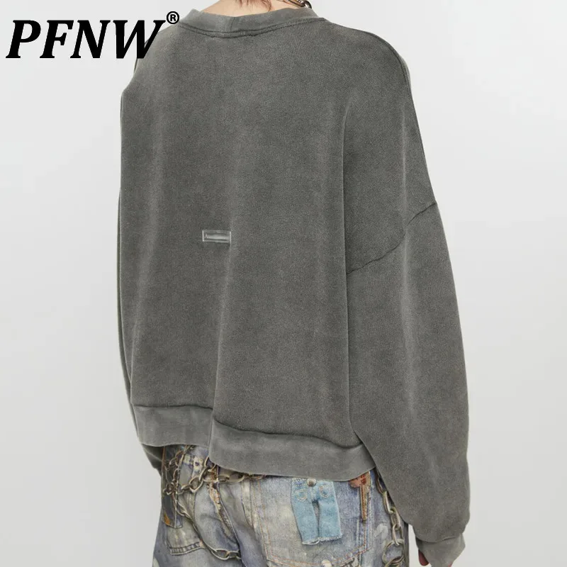 PFNW High Street Washed Distressed Round Neck Sweatshirt Unisex Loose Oversized Long Sleeve Drop Shoulder Pullover Top 28W5655