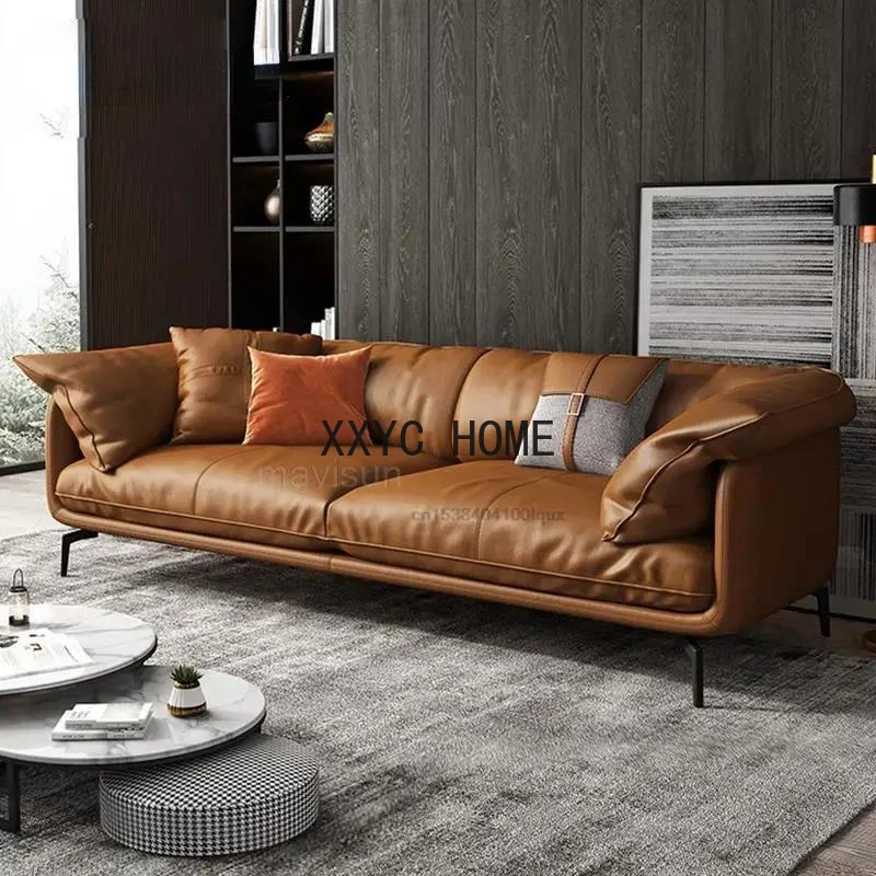 

Italian Minimalist Feather Leather Sofa Modern Living Room Small Apartment Light Luxury First Layer Cowhide Orange Sofa