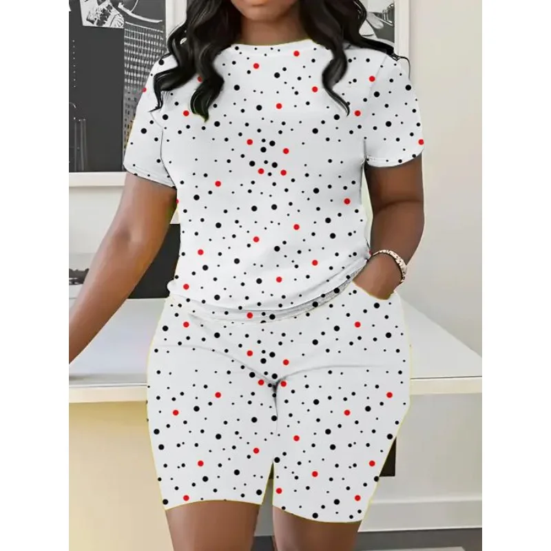 Plus Size Loose Dot Style Printed Casual Commuting Micro Elastic Set Summer Fashion Okrągły dekolt Damski zestaw szortów z krótkim rękawem