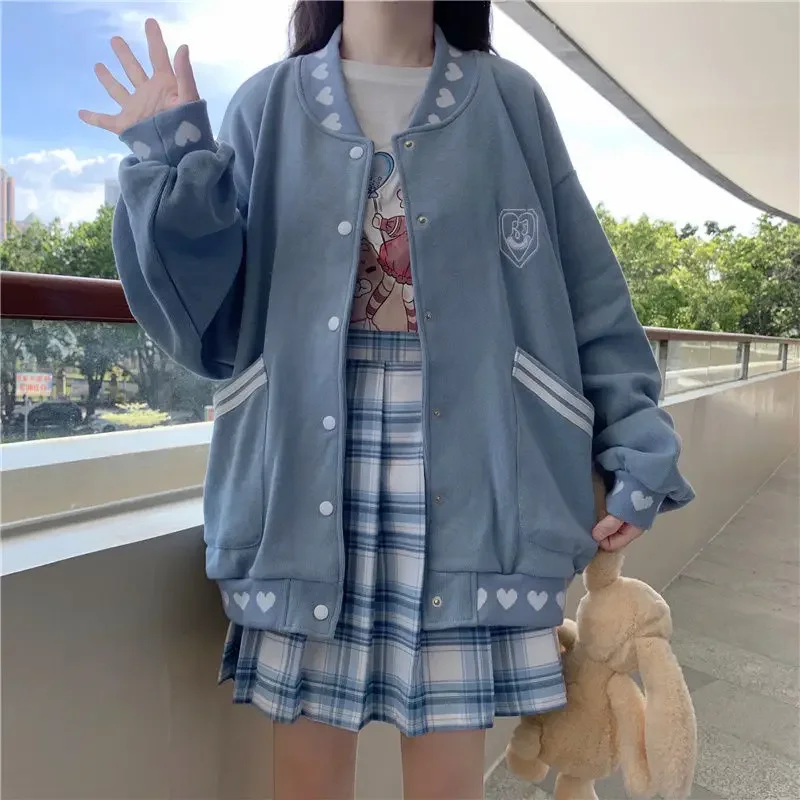 Sweet Love Printed Baseball Jacket Women Autumn Winter New Style Plus Velvet Padded Pink Cardigan Jacket Button Up Female