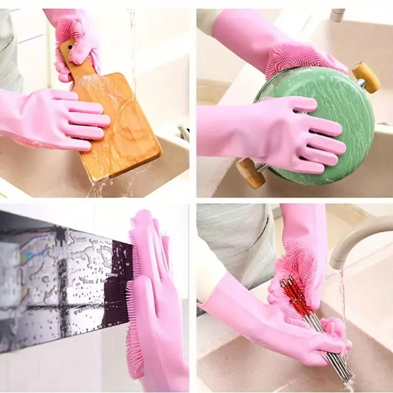 1 Pair Blue Silicone Dishwashing Gloves for Kitchen Dishwashing Scrubbing Gloves Household Soft Bristles Cleaning Pet Gloves