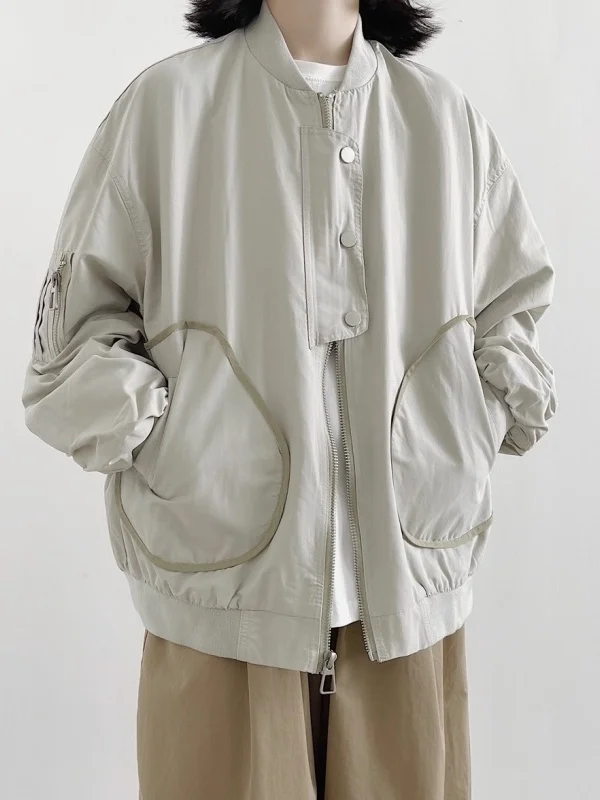 Retro Japanese Style Baseball Collar Workwear Jacket Large Pockets Pilot Coat for Women Spring Autumn Cityboy Flight Jacket