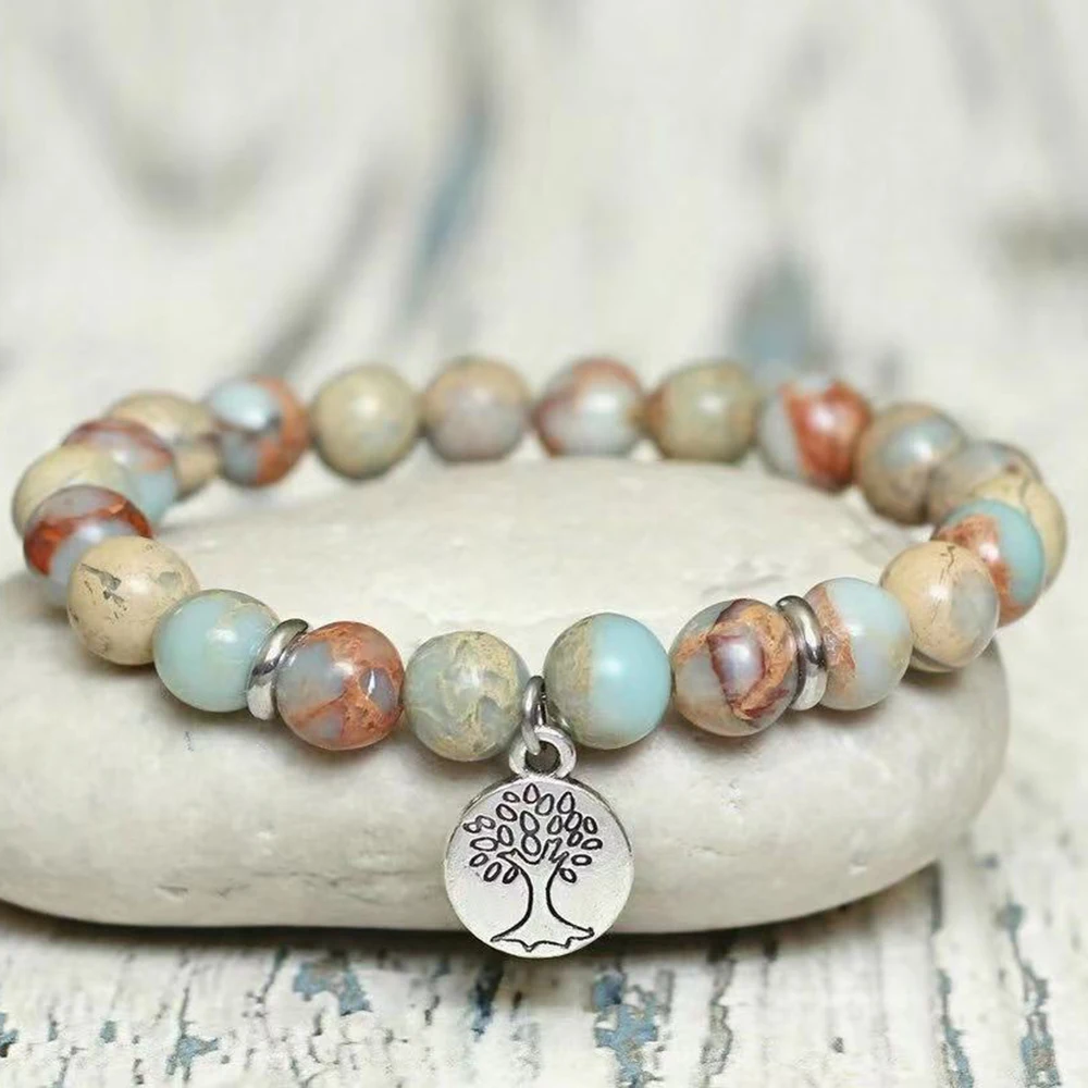 Ruberthen New Design 8 MM Aqua Terra Jasper Gemstone Bracelet Fashion Womens Tree Of Life Stress Relief Wrist Yoga Mala