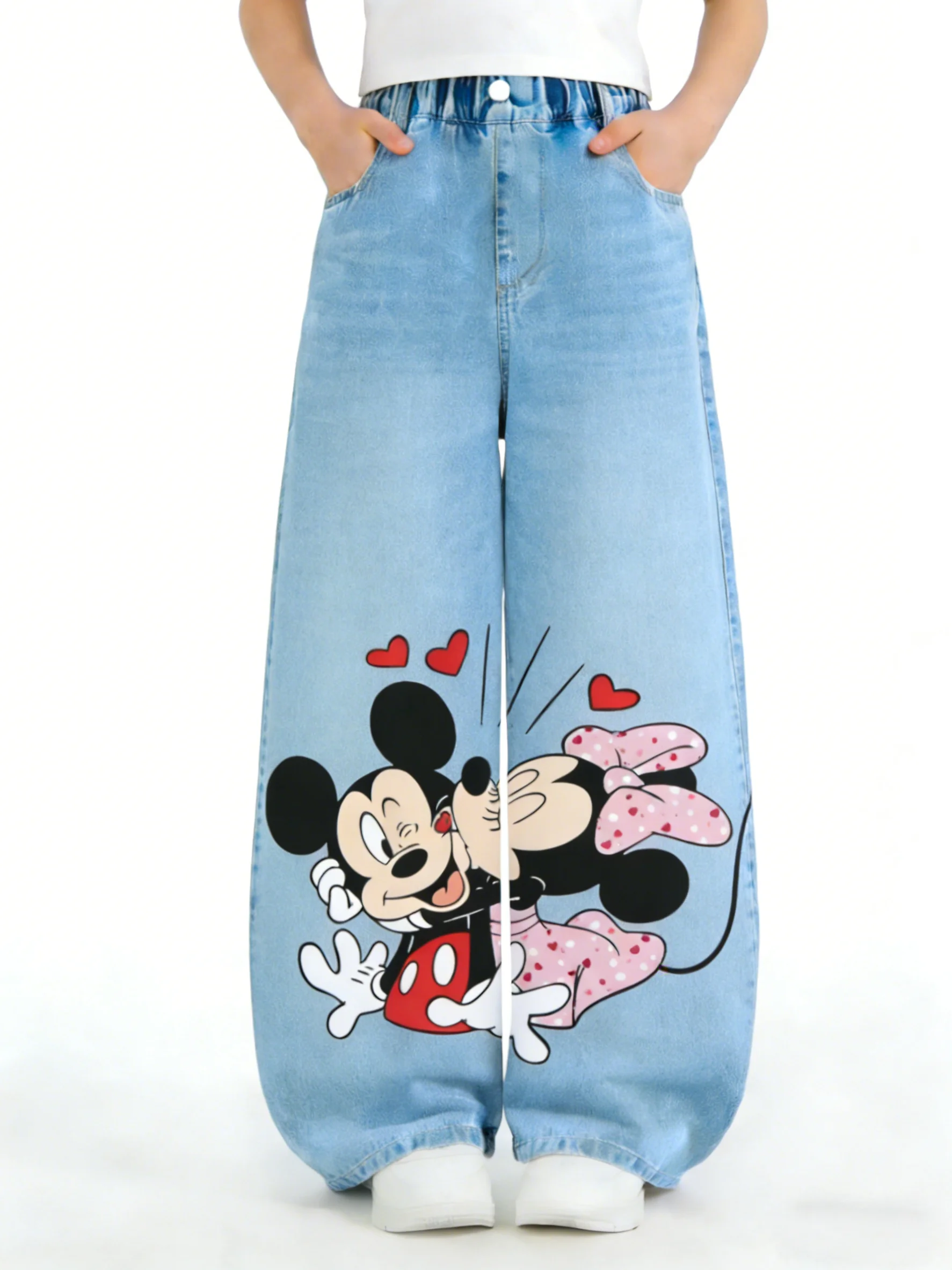 

2026 New Autumn Mickey & Minnie Disney Girls' Denim Pants Cartoon Print Fashion Casual Loose Straight-Leg Children's Pants