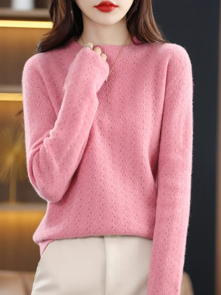 2024 New Spring Autumn Mock Neck  Women Cashmere Sweater 100% Merino Wool Knitted Hollow Pullover Basic Knitwear Fashion Top