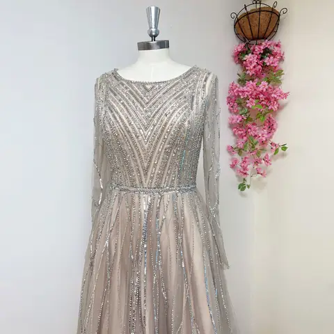 Alinovia Muslimska Pärlor Bröllopsklänning för Kvinnor 2025 O-ringad Långärmad Aine Kristall Formell Balklänningar Anpassad 8 best sales Muslimsk förlovningsklänning - №4