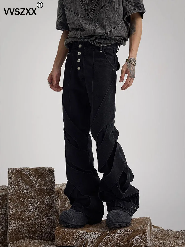 Men's Straight Micro Flared Jeans Heavy Industry Washed Deconstruction Design Black Denim Pants Male