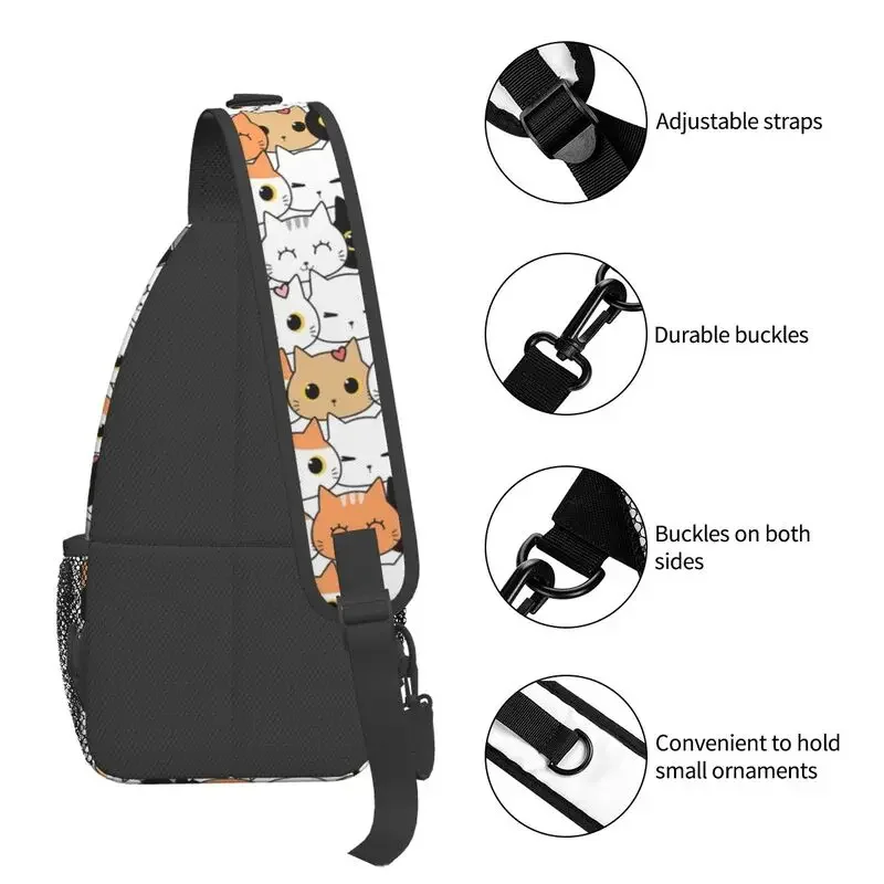 Mochila de ombro crossbody para homens, Cute Kitten Cat Doodle Sling Chest Bag, Desenhos animados engraçados, Viajando Daypack, Personalizado