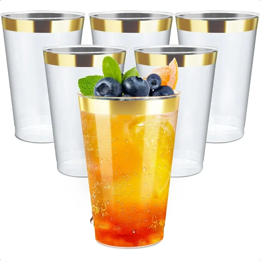 

12OZ Plastic Cups with Gold Rimmed Sturdy Food Safe Wine Glasses Weeding Party Cups Drinking Cups Plastic Cocktail Glasses fo
