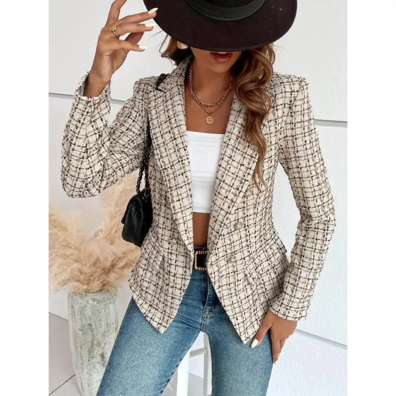 

Ele Plaid Pattern Double-Breasted Suit Jaet Waist-Cinching PU Leather Ciwalk Faion Non-Fading Summer Collection