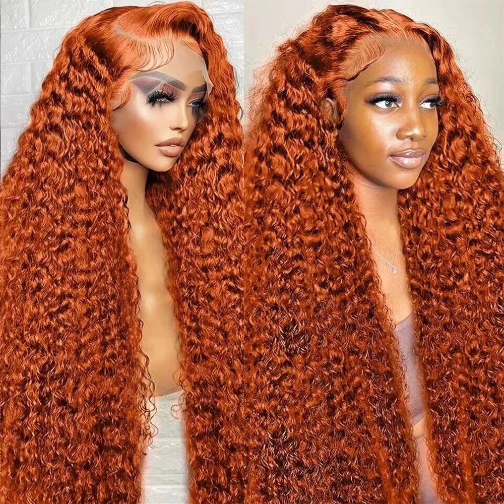 Deep Wave 30 40 Inches Orange Ginger Colored Human Hair Wigs 180 Density 13x6 Curly Wave Lace Frontal Human Hair Wigs For Women