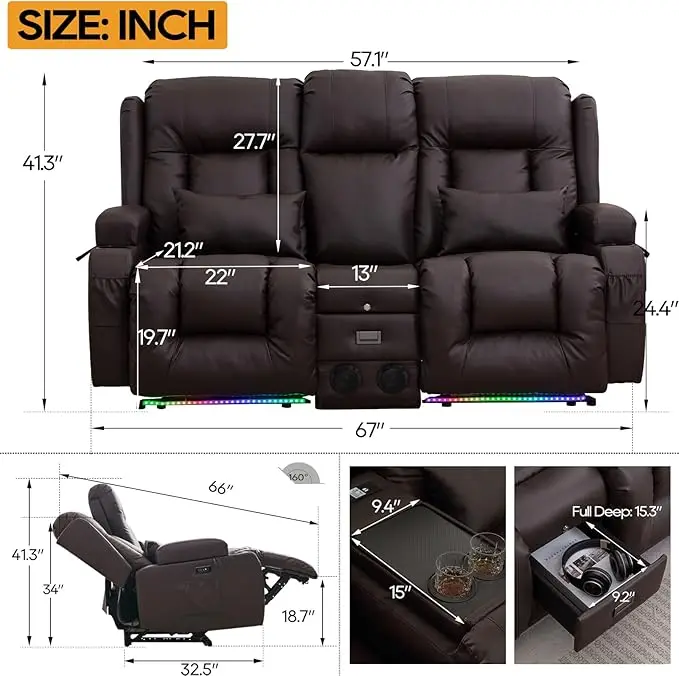 67" elektrisch verstelbare loveseat-bank, elektrische thuisbioscoopzitplaatsen met console/4 kleuren omgevingsverlichting/Bluetooth-luidsprekers