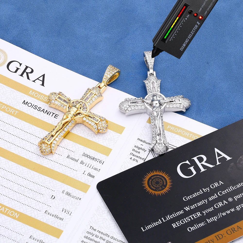 S925 Sterling Silver Full Moissanite Crucifix Cross Pendant Baguette Round Stone Iced Out Diamond Hip Hop Jesus Cross For M