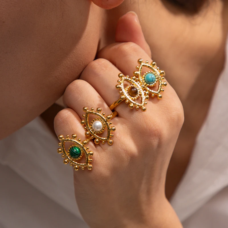 PRISCA | Stainless Steel Evil Eye Gold Rings for Women Luxury Party Banquet Chic Jewelry High Quality New