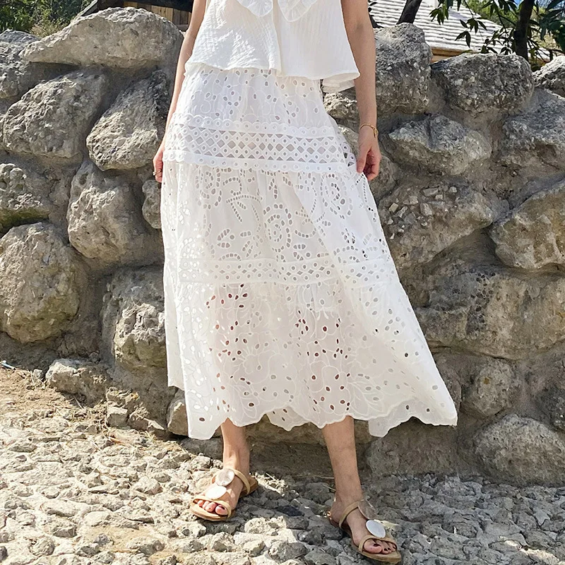 White Embroidered Vacation Skirt Hollow Out French Fairy Style Beach Skirt Casual 2 Pieces Set 2024 Summer New in Woman Clothing