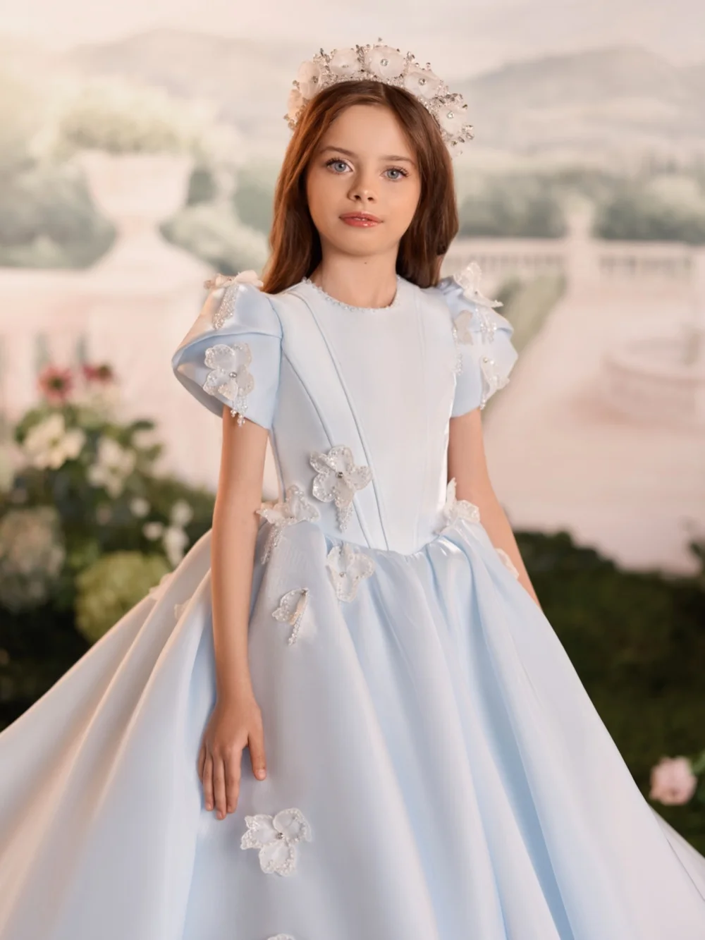 Elegant Light Blue Satin Kids Pageant Dress Goreous 3D Floral Puff Sleeve Girls Dresses For Stage Performance Wedding Wear
