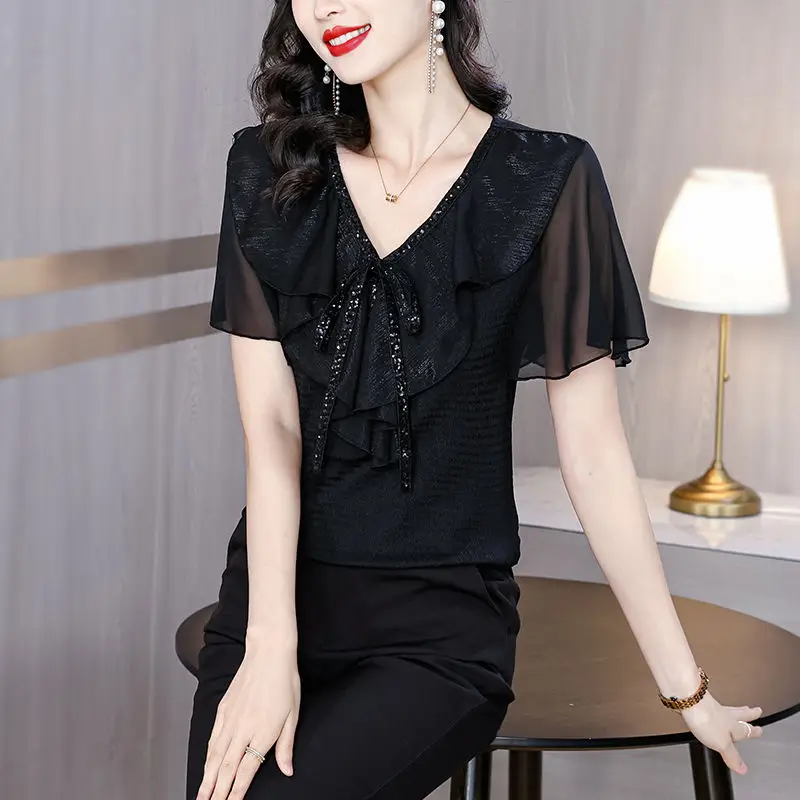 2024 New Summer Korean Fashion Chiffon Pullover Blouses Loose Solid V-neck Butterfly Sleeve Lace Sequin Bow Women\'s Shirt Top