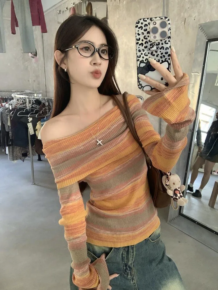 Harajuku Off Shoulder Knitted Sweater Women Vintage Green Striped Jumper Fairycore Slim Y2K Tops