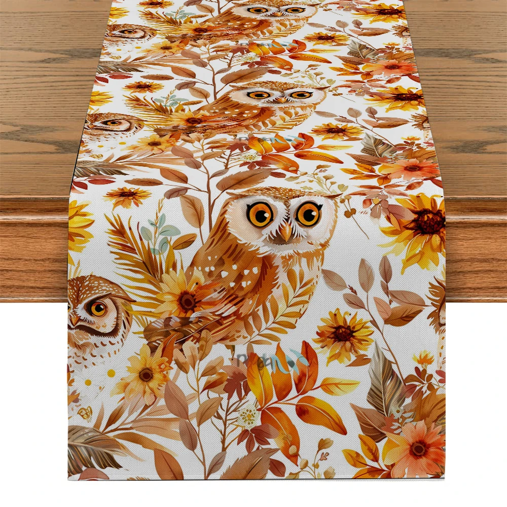 Owl Watercolor Plant Table Runners Party Table Decor Farmhouse Dining Table Runner Decorations Washable Dining Long Cloth