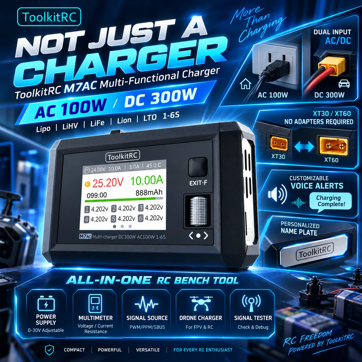 ToolkitRC M7AC Smart Balance Charger 100W AC /300W DC Input XT60 XT30 Dual Output for 2-6S RC Model Drone Lithium Battery Charge