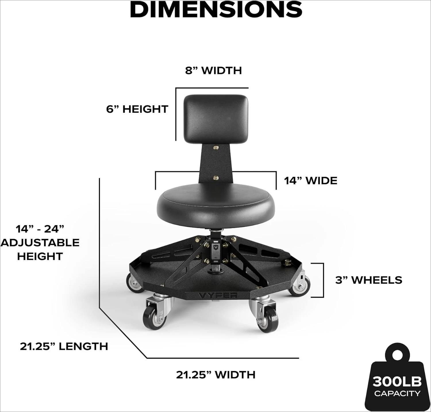 

Robust Steel Sport Shop Chair for Mechanics, Automotive, DIY-300 lb Capacity Garage Stool with Backrest(Black Seat, Black Frame)