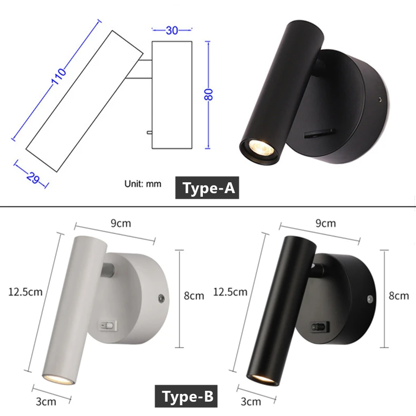 Lampy ścienne LED z przełącznikiem obrotowa regulacja aluminium 3W reflektor lampka nocna do czytania Hotel sypialnia RV kinkiet światło oprawa