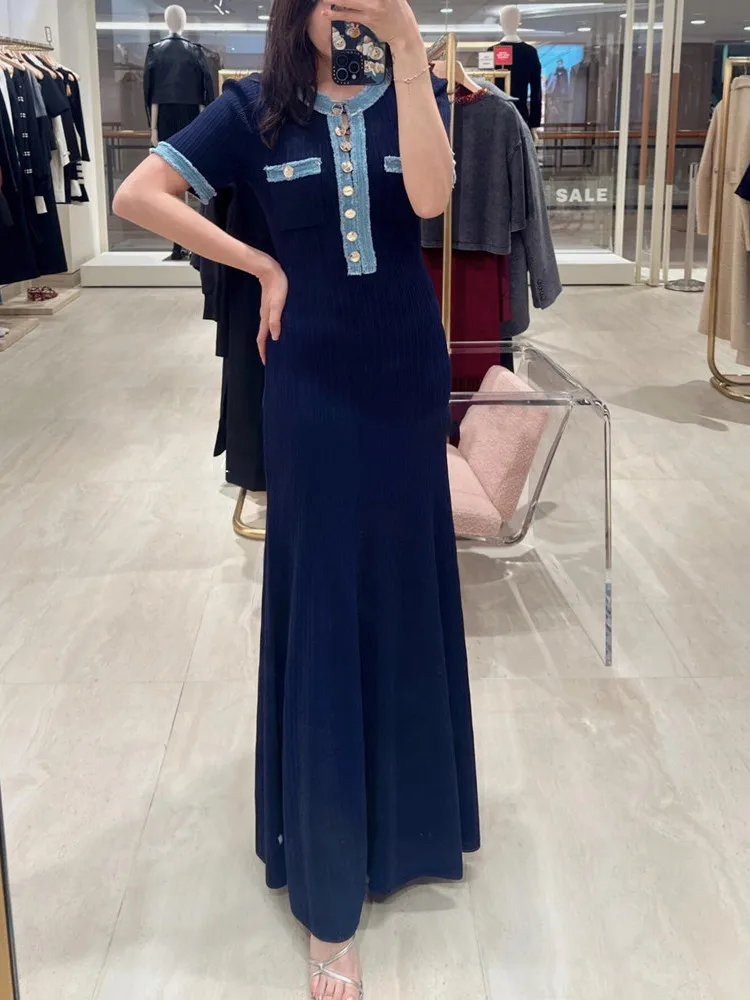 

High-End Version European Sle ort Sve Knitted Long Dr Color Blo Waist-Cinching Simple Design Ele Evening Gown