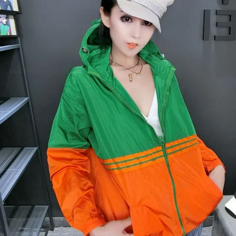 Oversized Patchwork Hip Hop Long Sleeve Hooded Jacket Women Sweatshirt Zipper Thin Korean Fashion Streetwear Summer Autumn Coat