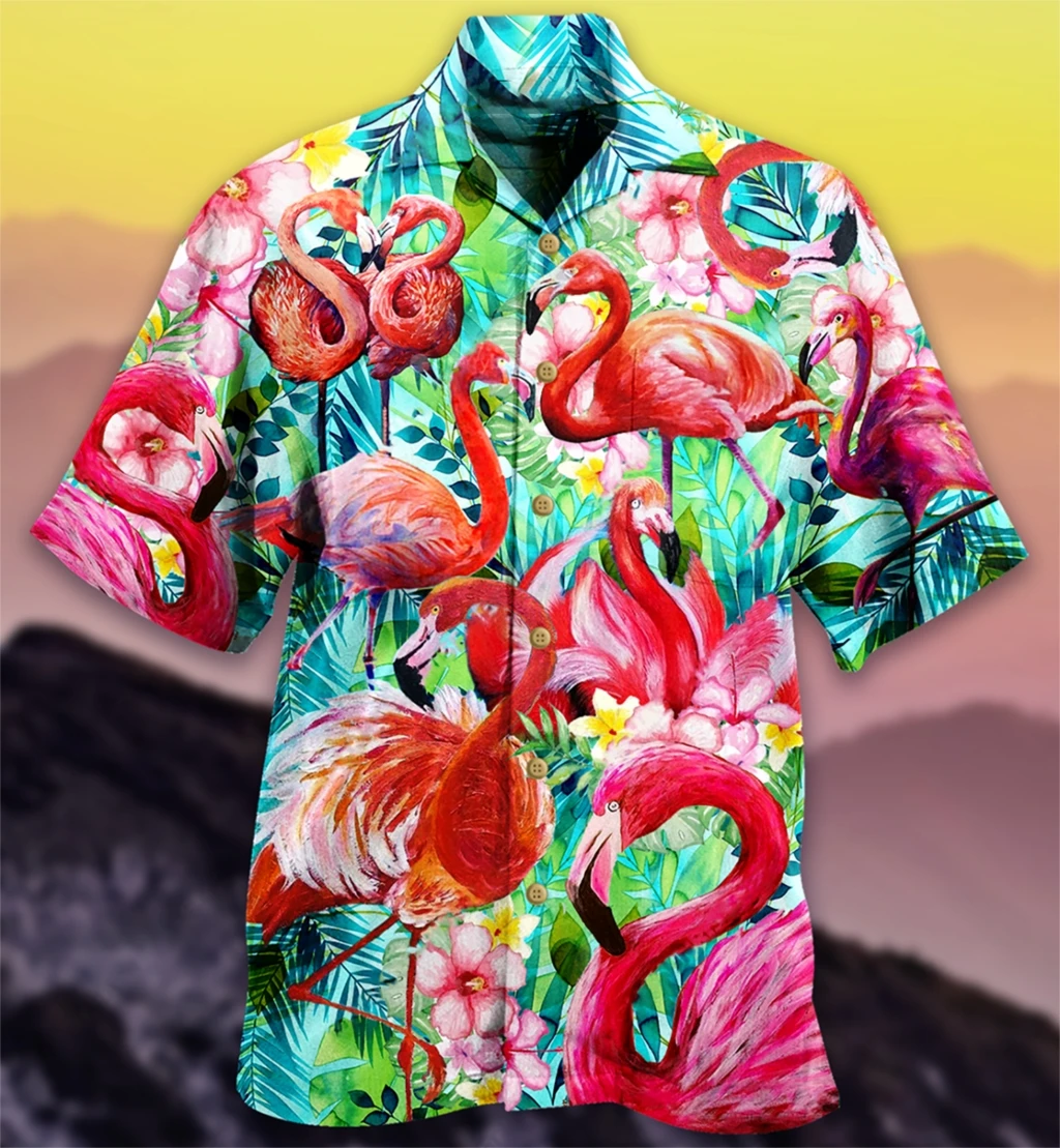 Summer Hawaiian Shirt for Men Designer 3d Printing Flamingo Short Sleeve Oversized Funny Men\'s Clothing Fashion Beach Harajuku