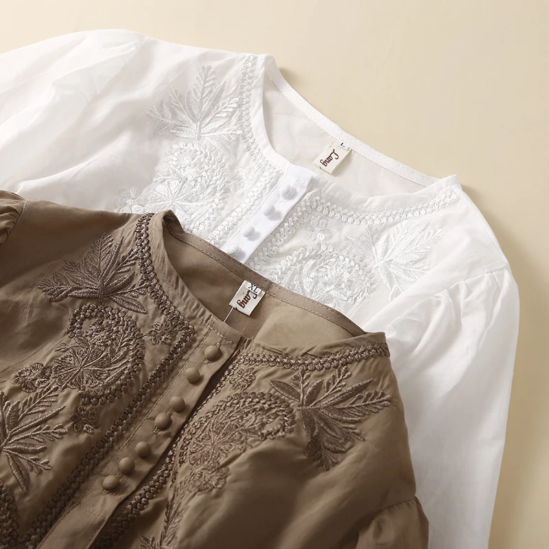 Top Retro de lino y algodón bordado pesado de cinco cuartos Sve irt de talla grande para mujer, Top redondo con botones Ne