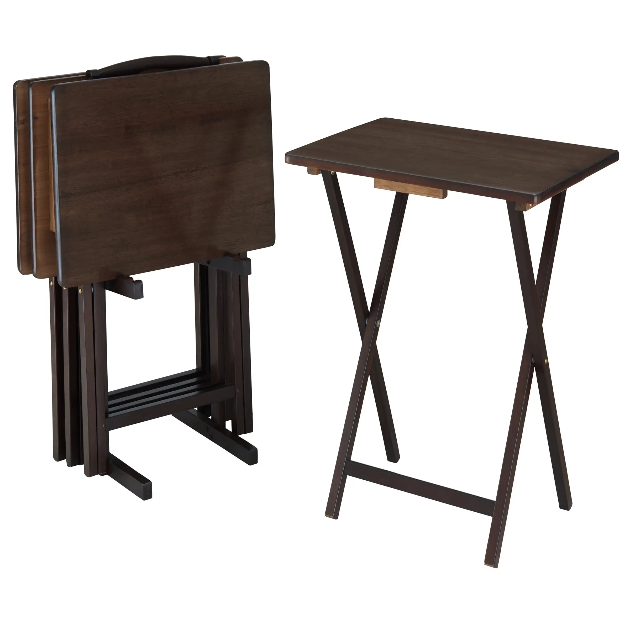 

Indoor Folding Table Set of 4 in Walnut L19 x W15 x H26 inches. 4 Tables+1 Rack Stand.