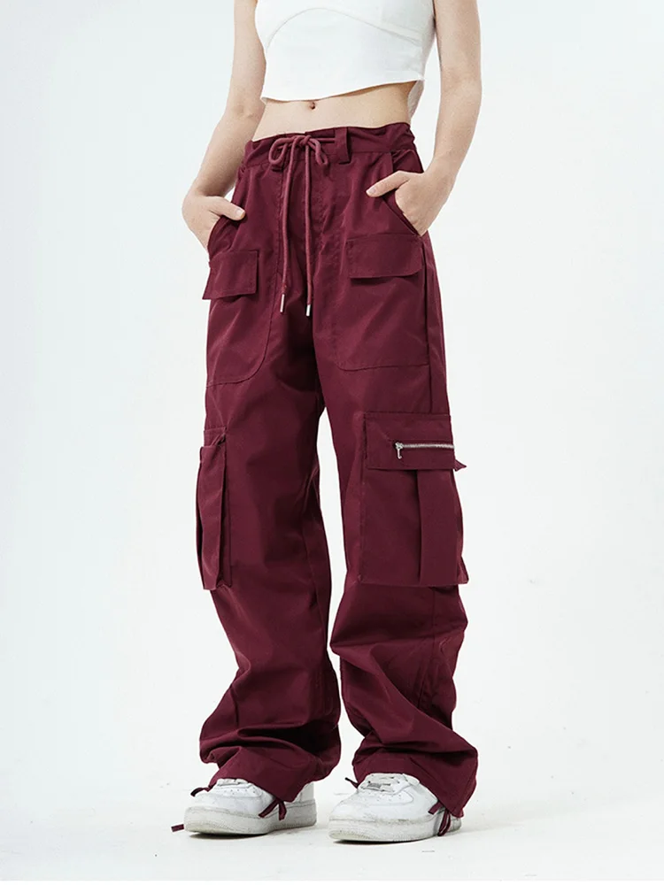 Women Vintage Lace Up Outdoor Camping Pants Overalls Y2K Streetwear Multi Pockets High Waist Wide Leg Cargo Trousers