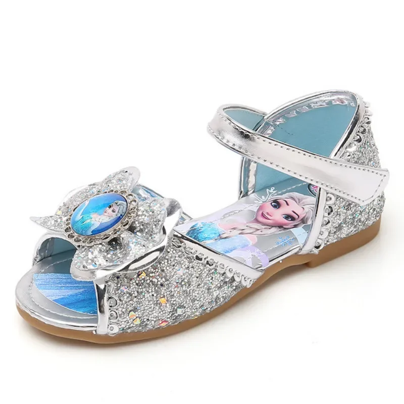 Girl Princess Cartoon Frozen Elsa Sandal Summer Leather Glitter Crystal Rhinestones Bow Kid Sandals Party Shoes Children Slipper