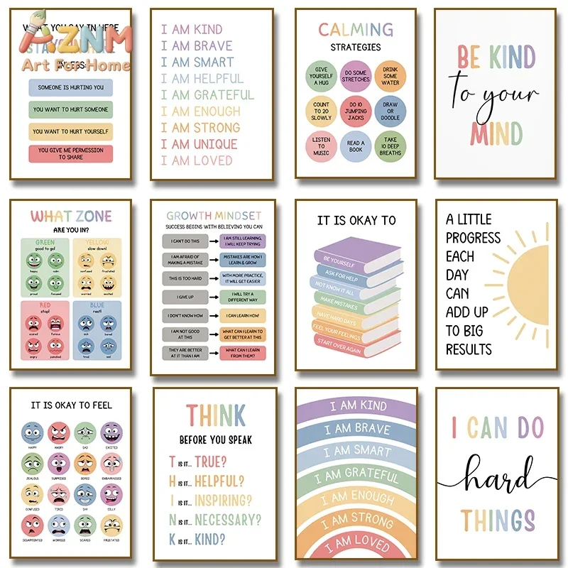AZNM Growth Mindset Canvas Print, Kids Mental Health Calming Strategies Poster Unframed Canvas Painting, Classroom Playroom Wall