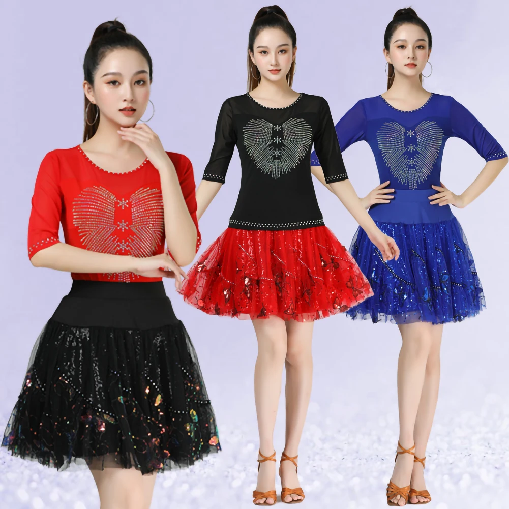 

Practice Clothes Latin Slim Samba Rhinestone Dance T-shirt Red Black Dance Clothes Top Women's Blue Crewneck Clothes Stage Use
