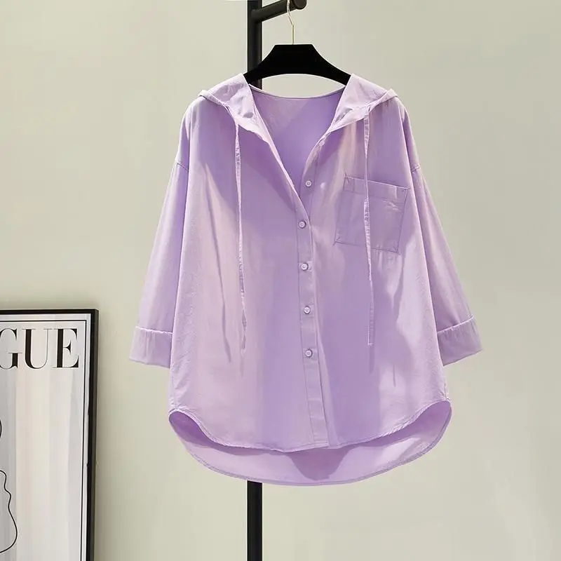 Hooded Loose Solid Color Simplicity Blouses Long Sleeve Button Lacing Fashion Casual Spring Summer Thin Women\'s Clothing 2023