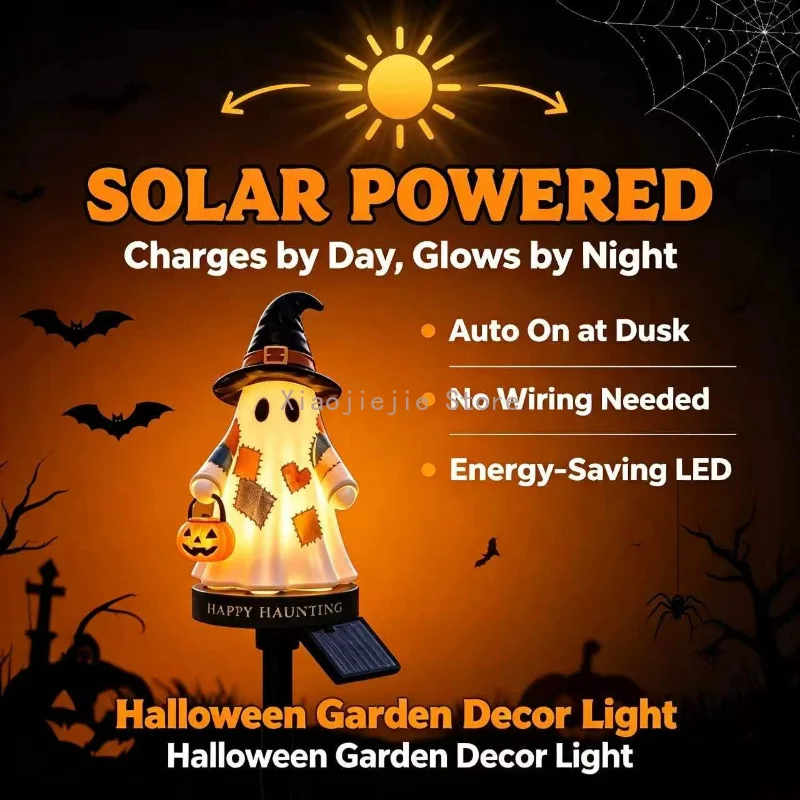 Halloween Patchwork Ghost Solar Garden Stake Light Outdoor Waterproof Auto Dusk-On Lawn Path Holiday Decor Lamp