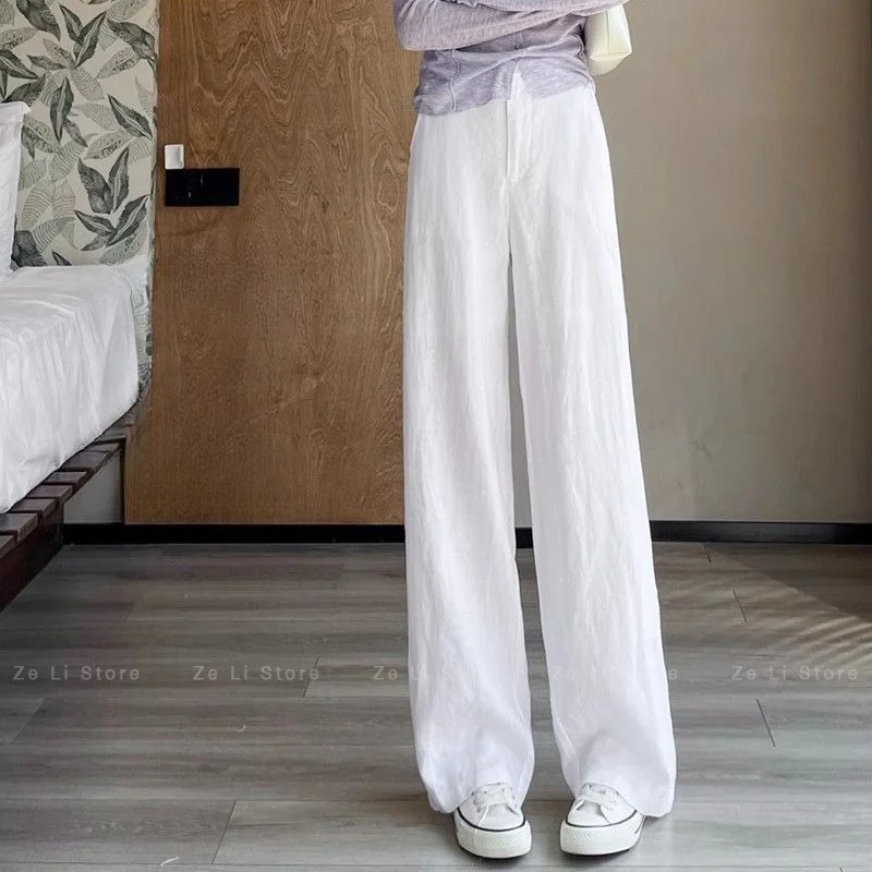 Narrow Version White Linen Ice Silk Linen Loose Pants for Women Summer Thin High Waistdraped Cotton and Linen Straight-leg Pants