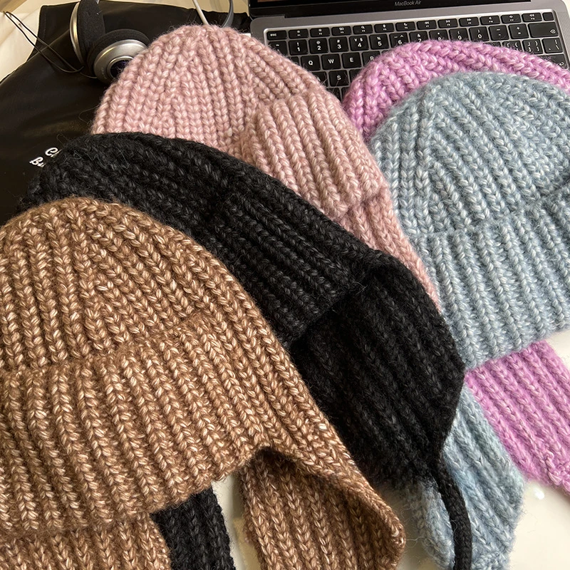 Paternity Knitted Ear Protectors Woman Winter Versatile Bomber Hat Thread Frenulum Solid Color Pullover Hats
