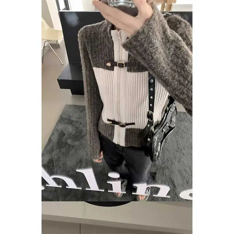 

Женская одежда, весенне-осенний модный корейский женский универсальный модный вязаный свитер на молнии с цветными блоками, пальто с длинными рукавами