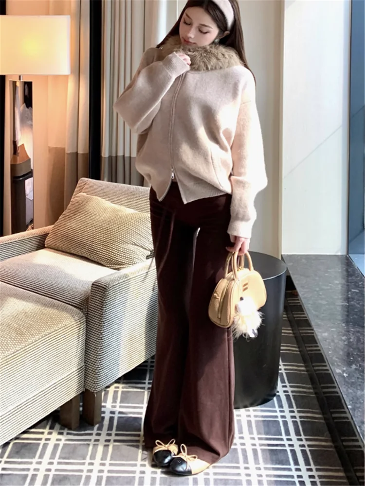 Mink velo pele do falso com capuz cáqui camisola curta para as mulheres nova moda outono chique malha cardigan topo manga longa zíper malhas