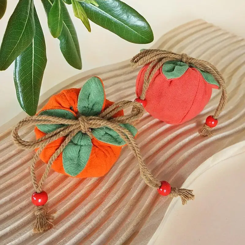 Chinese Style Persimmon Blessing Sachet - Cotton Linen Drawstring Pouch for Jewelry/Coins, Hanfu Accessory & Lucky Gift