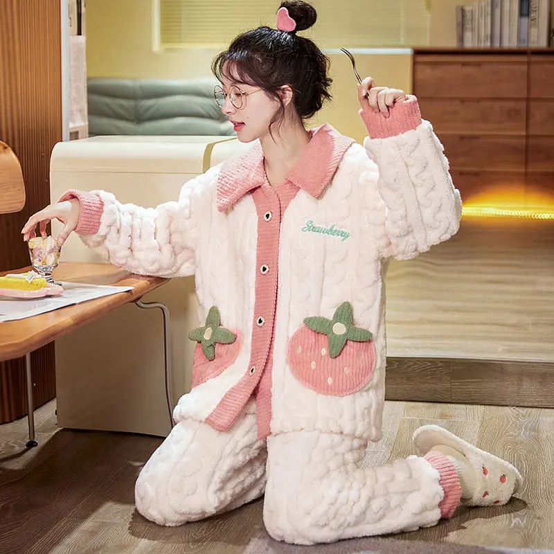 

2024 New Women's Pajamas Autumn Winter Famale Sleepwear Coral Plush Loungewear Suit Cute Dog Home Wear Thick Flannel Outwear Set