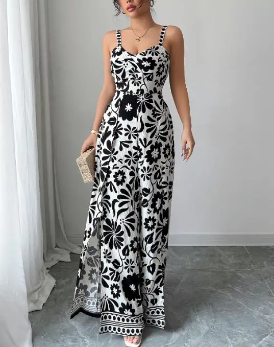 Jumpsuit Women 2026 Spring Autumn New Fashion Print Sexy Backless Lace Up V-Neck Sleeveless High Waist Slit Wide Leg Jumpsuit