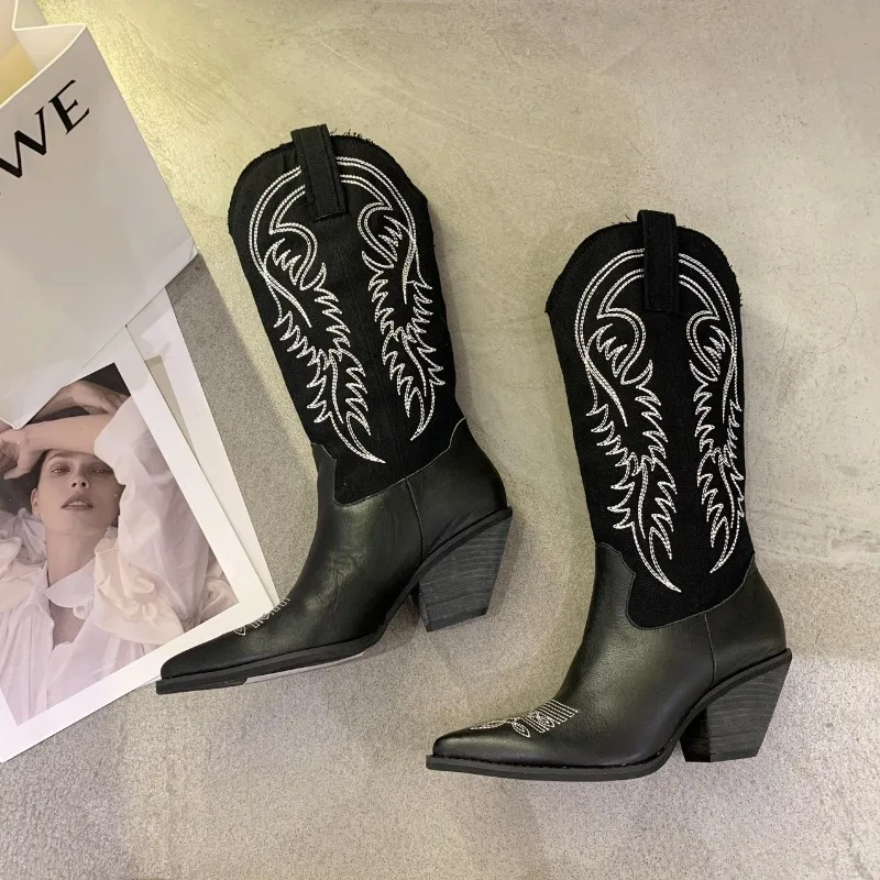 2023 Winter New Fashion Western Cowboy Boots Women Pointed Toe High Heel Shoes Ladies Embroidery Chelsea Boots Zapatos Mujer